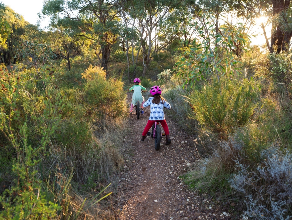 Young girls on bikes riding though the scrub